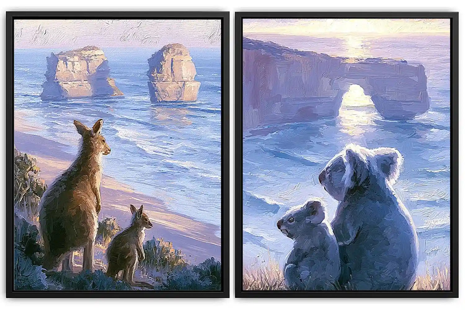 Painterly kangaroo and koala coastal wall art for warm living room decor.
