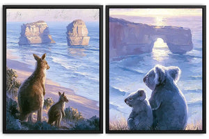 Painterly kangaroo and koala coastal wall art for warm living room decor.