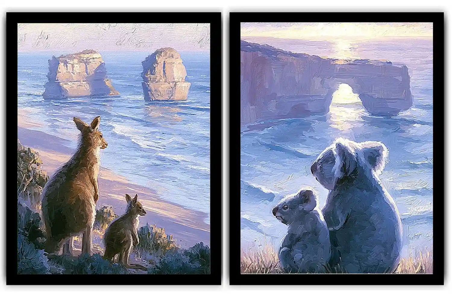 Painterly kangaroo and koala coastal wall art for warm living room decor.