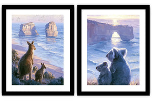 Painterly kangaroo and koala coastal wall art for warm living room decor.