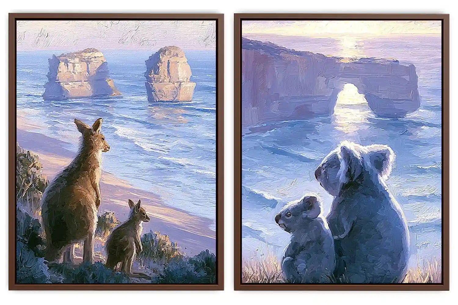 Painterly kangaroo and koala coastal wall art for warm living room decor.