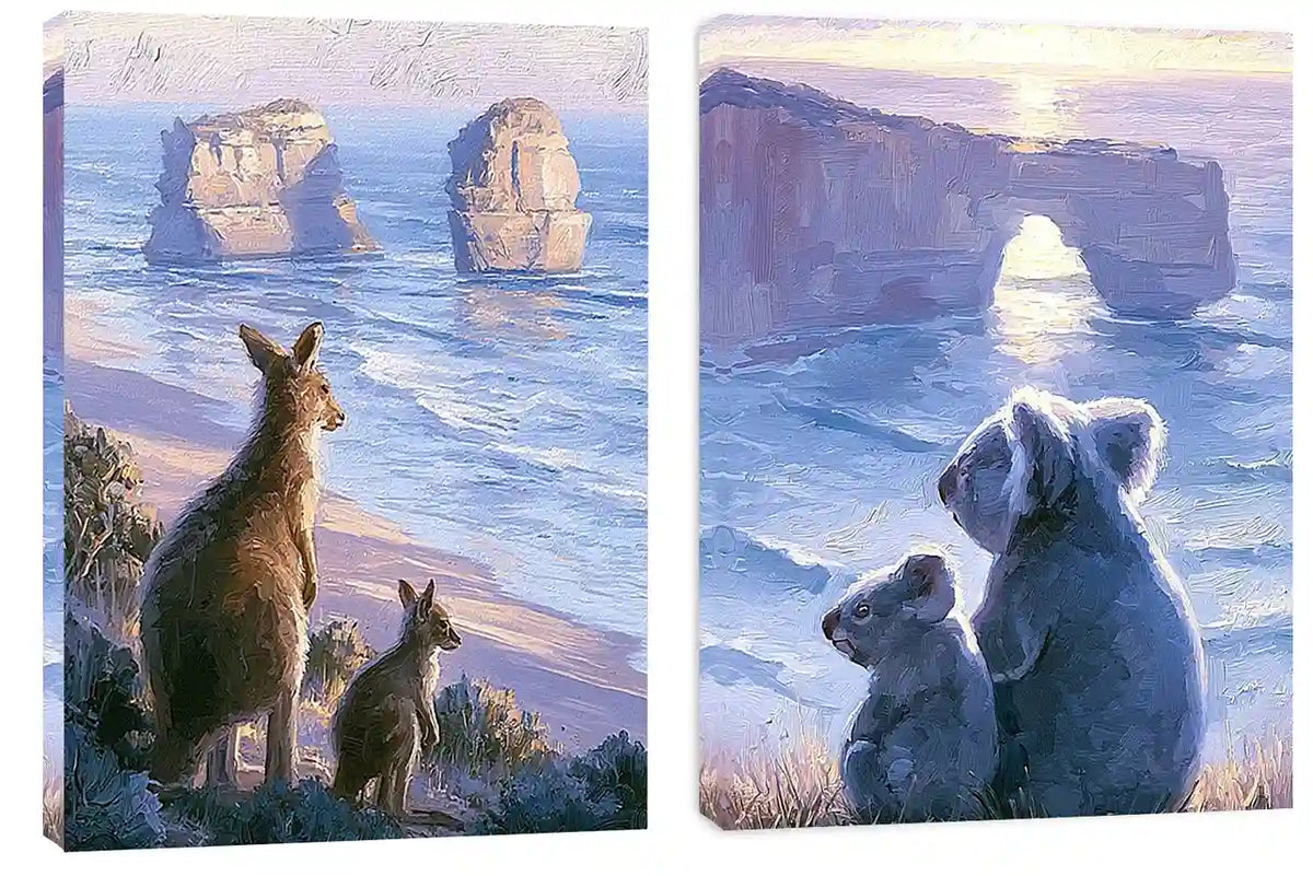 Painterly kangaroo and koala coastal wall art for warm living room decor.