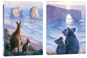 Painterly kangaroo and koala coastal wall art for warm living room decor.