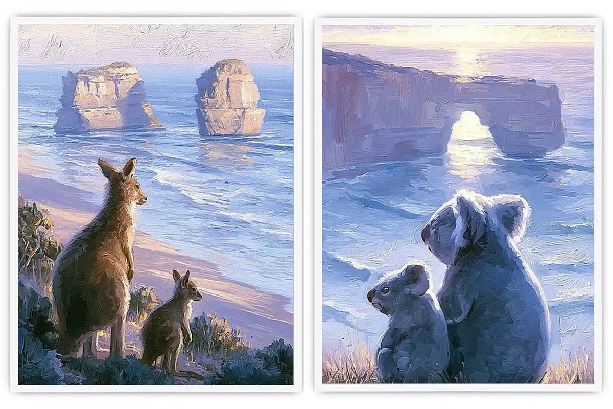 Painterly kangaroo and koala coastal wall art for warm living room decor.