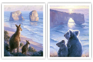 Painterly kangaroo and koala coastal wall art for warm living room decor.