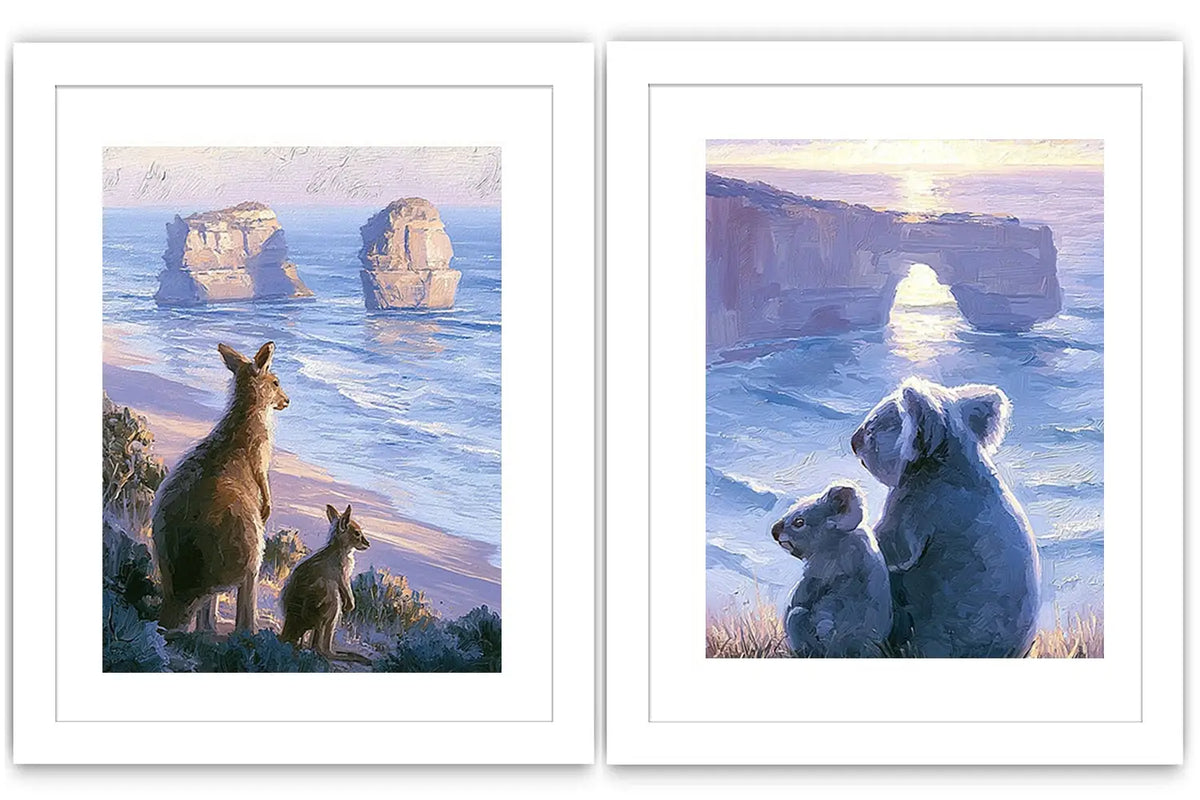 Painterly kangaroo and koala coastal wall art for warm living room decor.