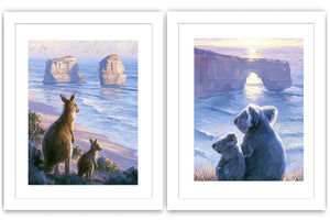 Painterly kangaroo and koala coastal wall art for warm living room decor.