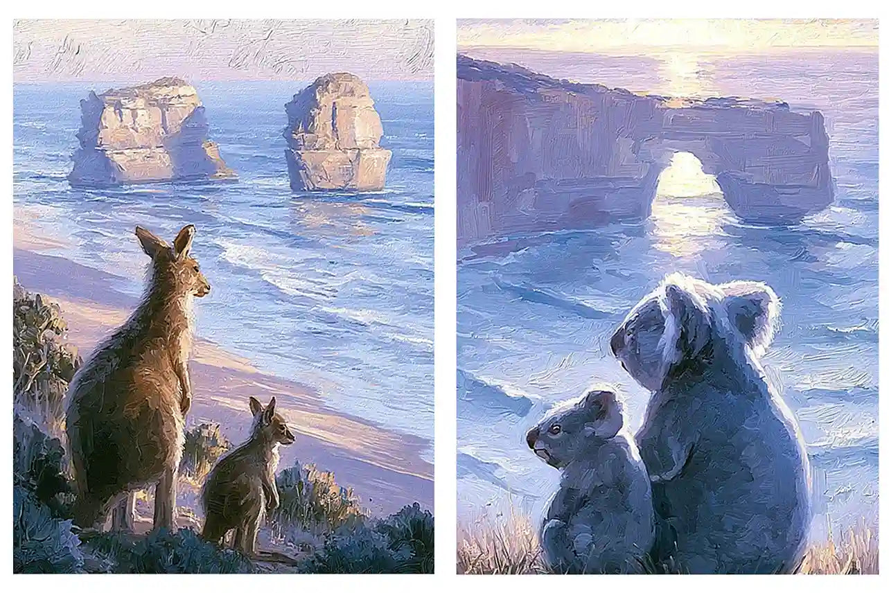 Painterly kangaroo and koala coastal wall art for warm living room decor.