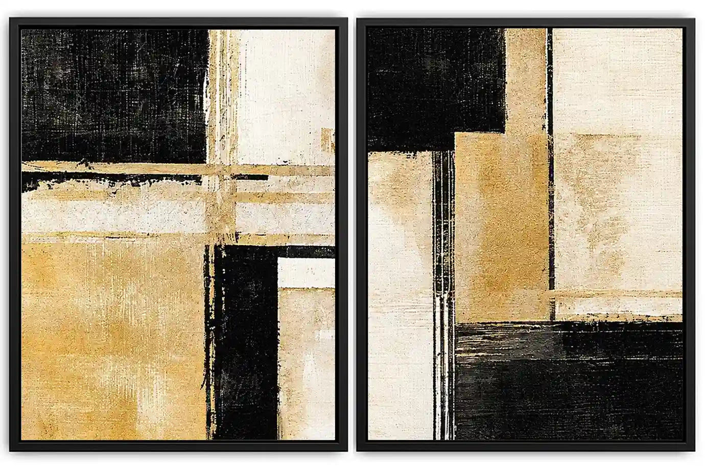 Black and gold geometric abstract canvas art for modern office decor.