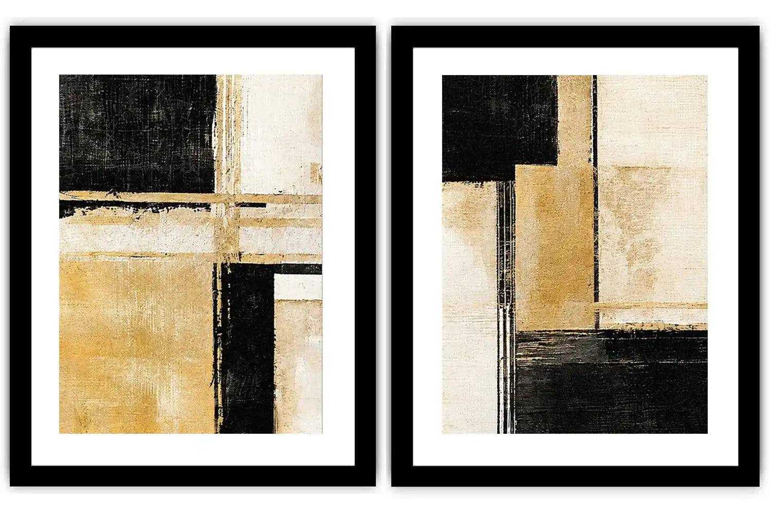 Black and gold geometric abstract canvas art for modern office decor.