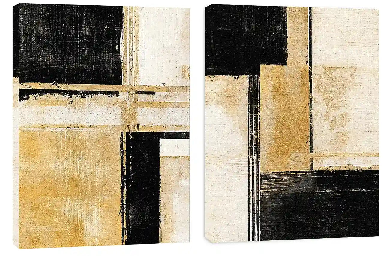 Black and gold geometric abstract canvas art for modern office decor.