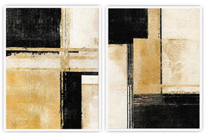 Black and gold geometric abstract canvas art for modern office decor.