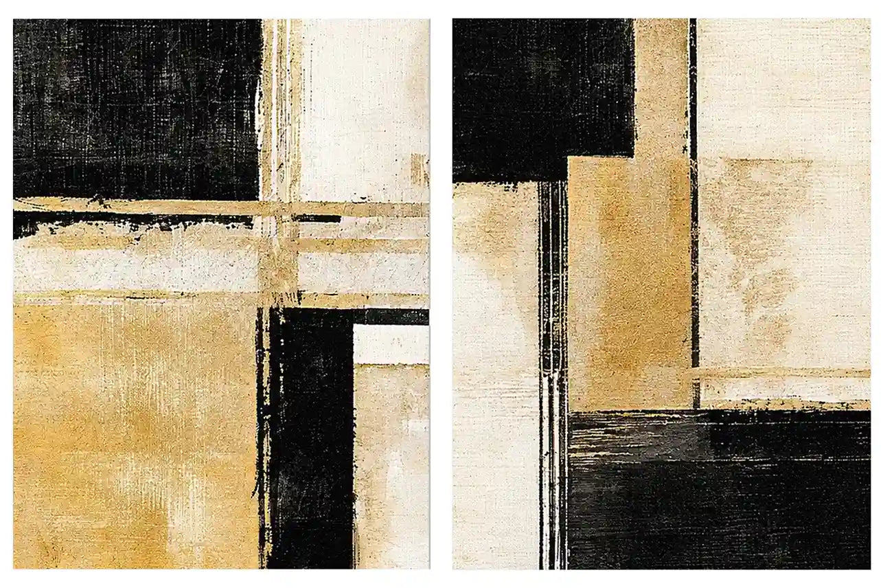 Black and gold geometric abstract canvas art for modern office decor.
