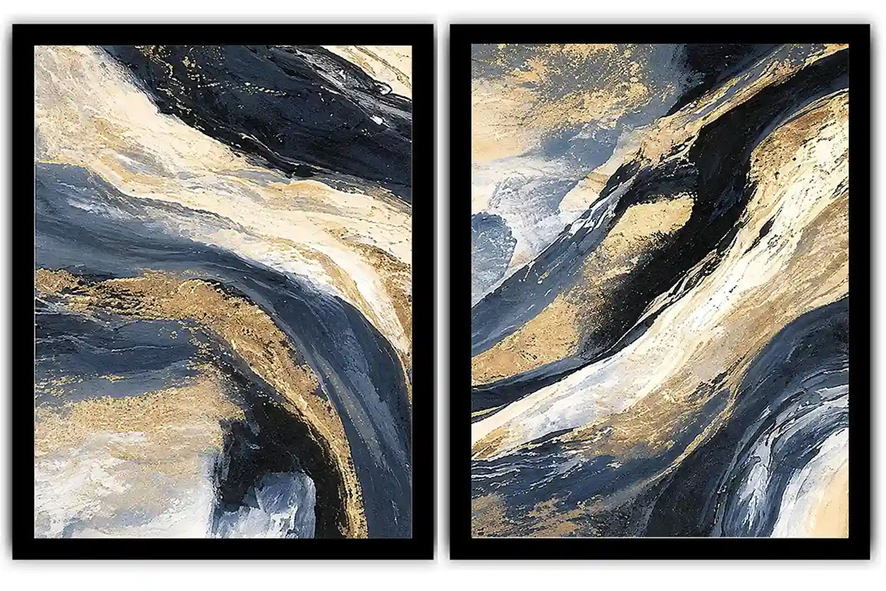 Navy and gold abstract canvas wall art for bold luxury living room decor.