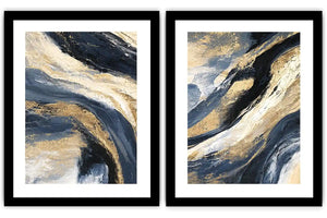 Navy and gold abstract canvas wall art for bold luxury living room decor.