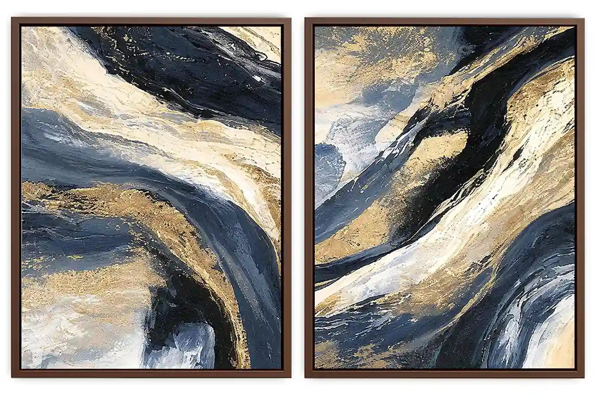 Navy and gold abstract canvas wall art for bold luxury living room decor.