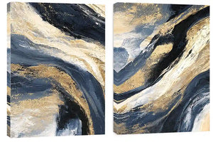 Navy and gold abstract canvas wall art for bold luxury living room decor.