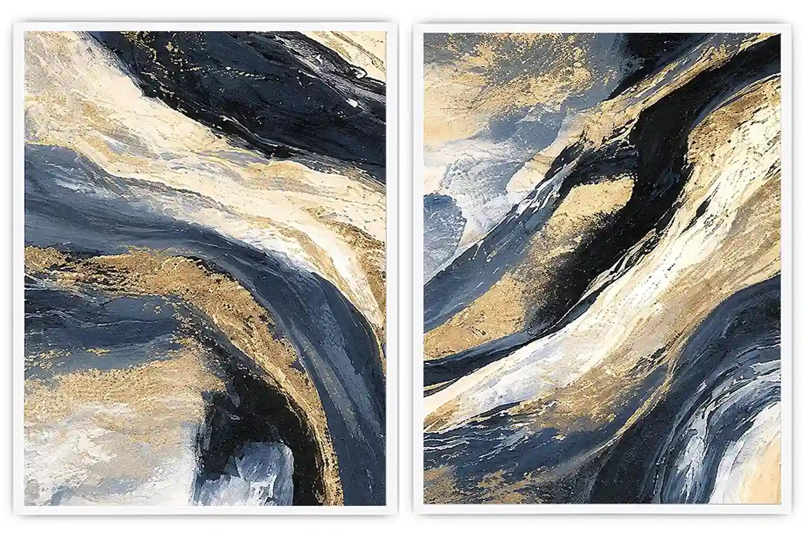 Navy and gold abstract canvas wall art for bold luxury living room decor.