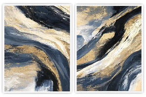 Navy and gold abstract canvas wall art for bold luxury living room decor.