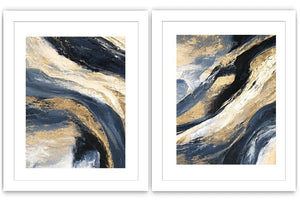 Navy and gold abstract canvas wall art for bold luxury living room decor.