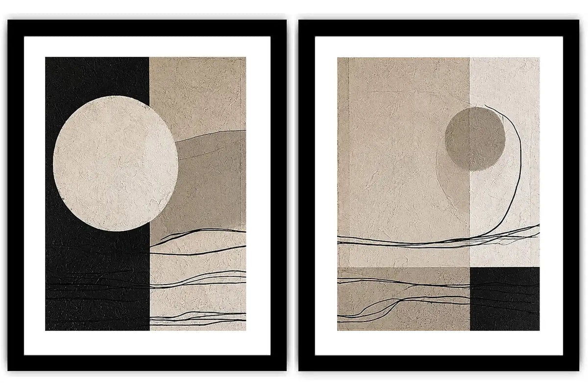 Minimalist neutral abstract canvas art with circle and line details for calm office decor.