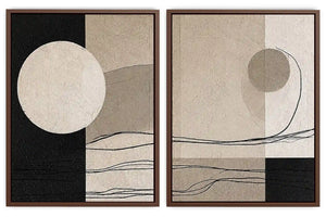 Minimalist neutral abstract canvas art with circle and line details for calm office decor.