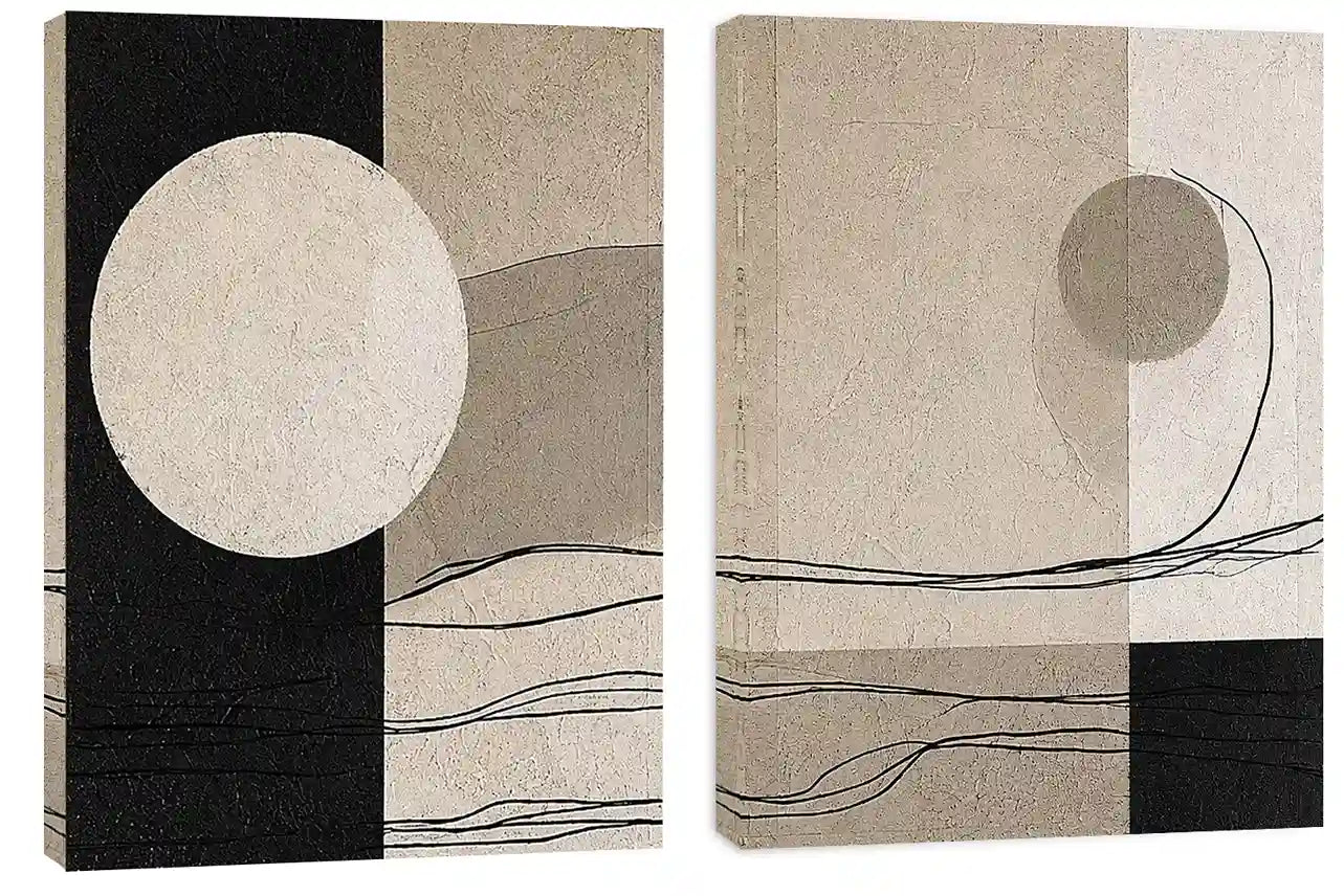 Minimalist neutral abstract canvas art with circle and line details for calm office decor.