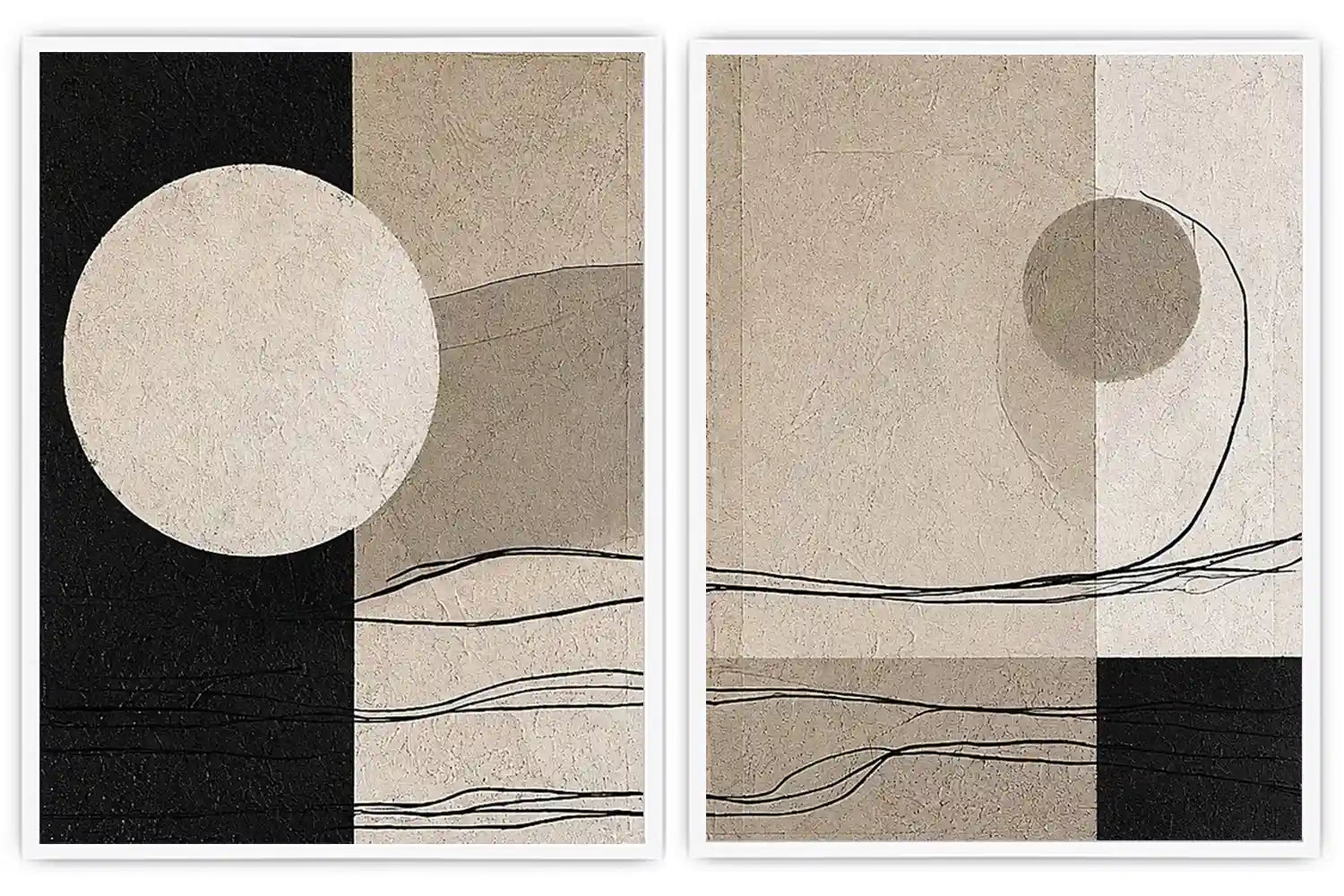Minimalist neutral abstract canvas art with circle and line details for calm office decor.