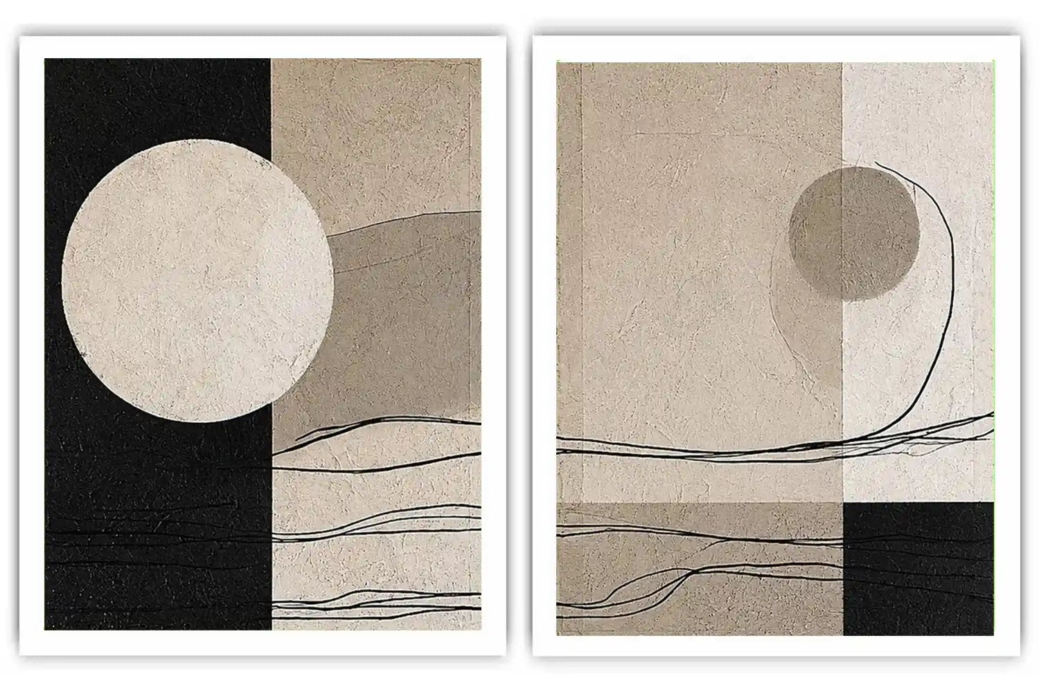 Minimalist neutral abstract canvas art with circle and line details for calm office decor.