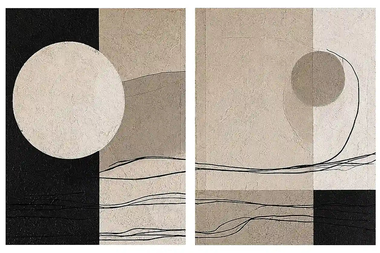 Minimalist neutral abstract canvas art with circle and line details for calm office decor.