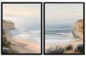 Soft beach cove canvas art for peaceful coastal bedroom decor.
