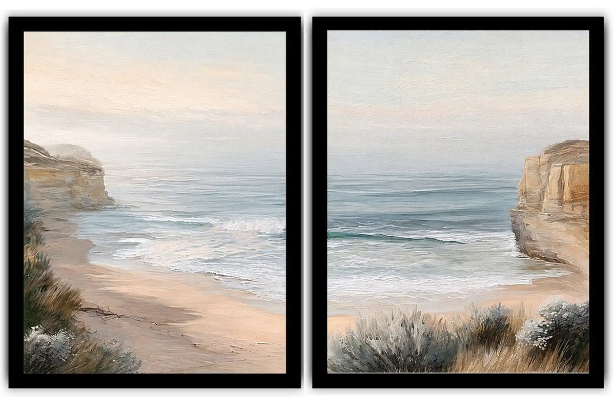 Soft beach cove canvas art for peaceful coastal bedroom decor.