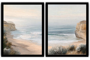 Soft beach cove canvas art for peaceful coastal bedroom decor.