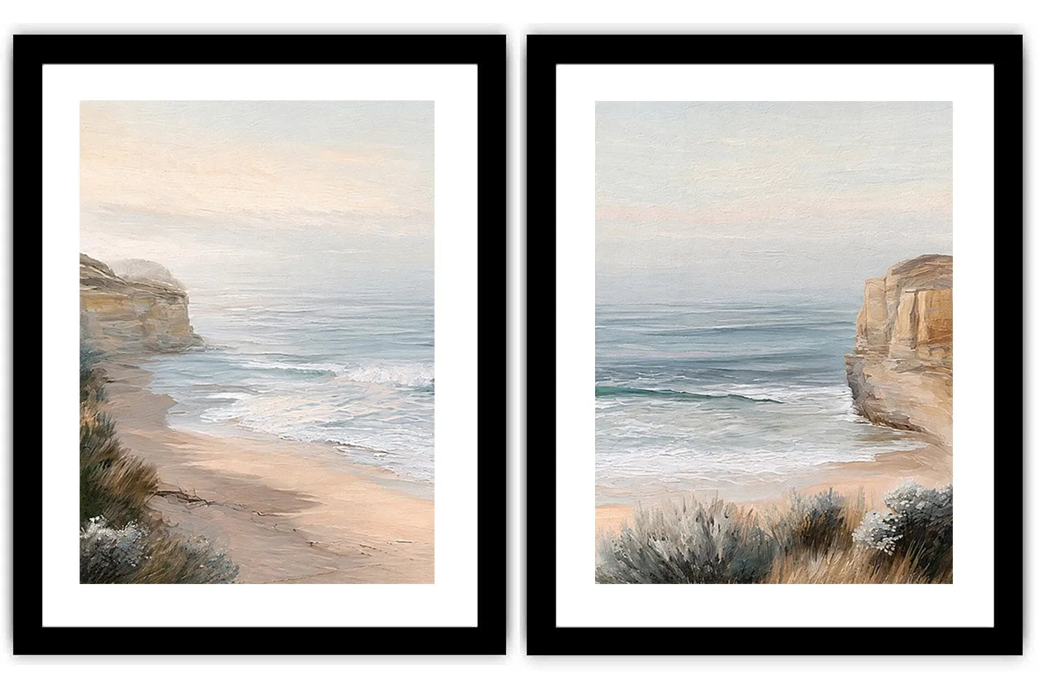 Soft beach cove canvas art for peaceful coastal bedroom decor.