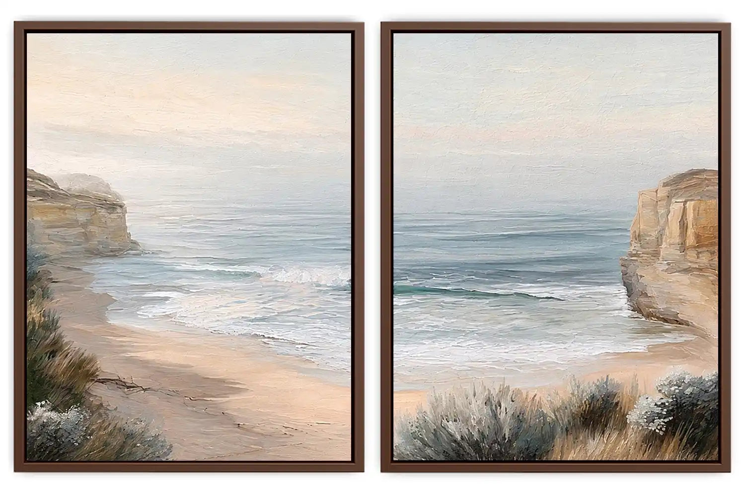 Soft beach cove canvas art for peaceful coastal bedroom decor.