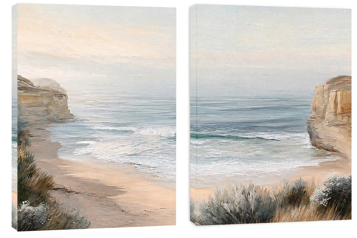 Soft beach cove canvas art for peaceful coastal bedroom decor.