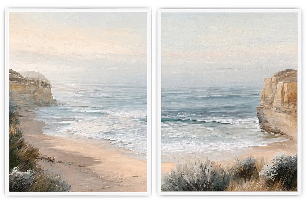 Soft beach cove canvas art for peaceful coastal bedroom decor.