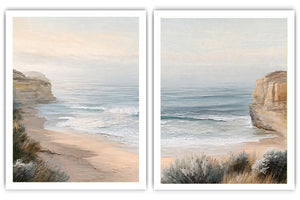 Soft beach cove canvas art for peaceful coastal bedroom decor.