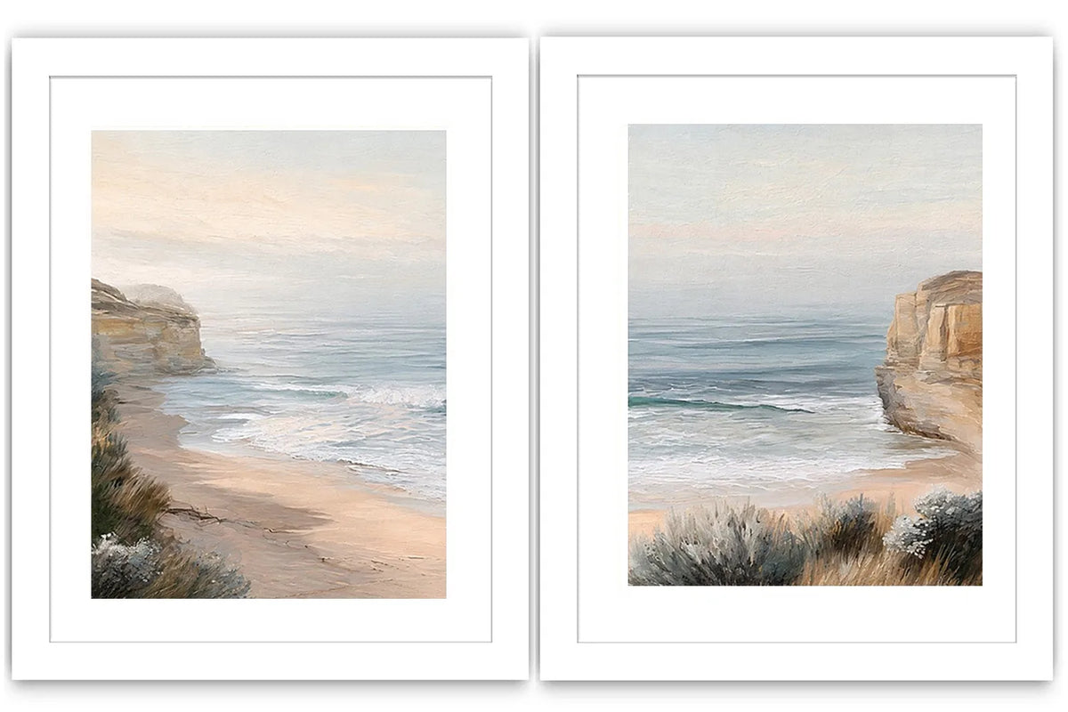 Soft beach cove canvas art for peaceful coastal bedroom decor.