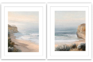 Soft beach cove canvas art for peaceful coastal bedroom decor.