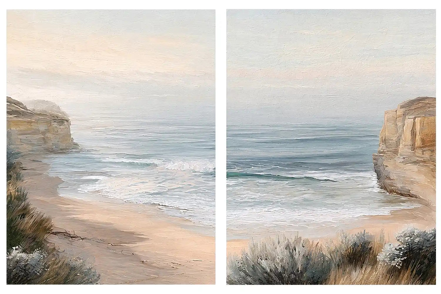 Soft beach cove canvas art for peaceful coastal bedroom decor.