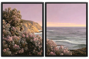 Blush floral coastal canvas art for romantic bedroom wall decor.