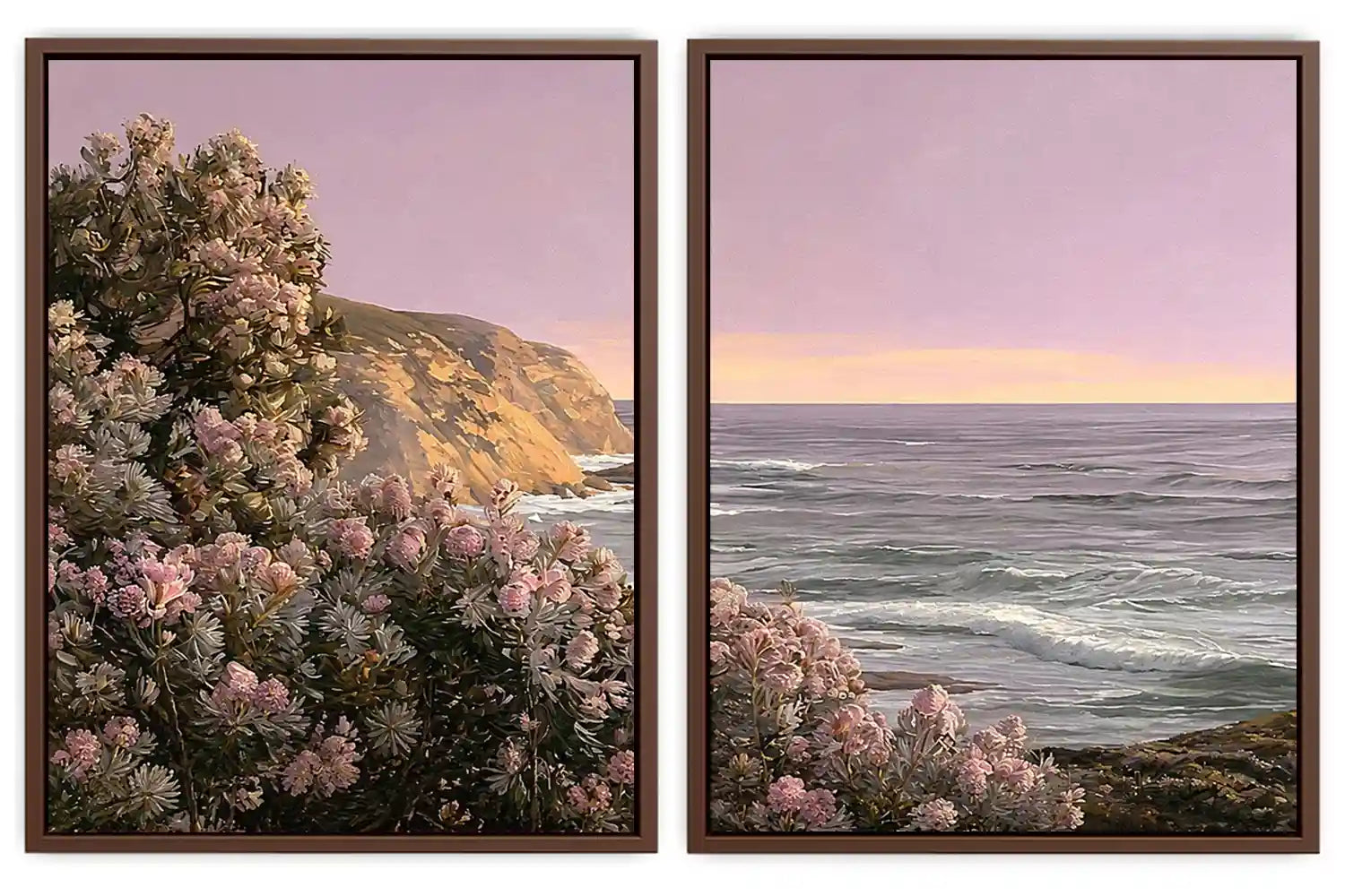 Blush floral coastal canvas art for romantic bedroom wall decor.