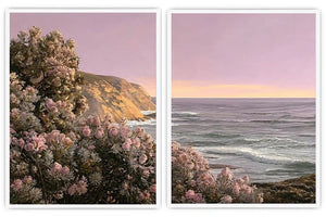 Blush floral coastal canvas art for romantic bedroom wall decor.