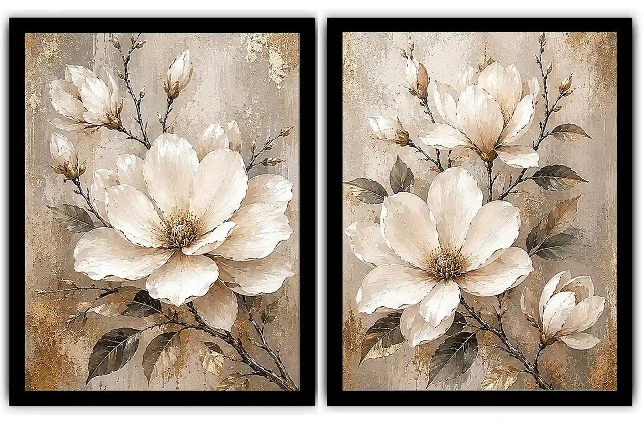 Neutral magnolia diptych canvas art for modern bedroom and living room decor