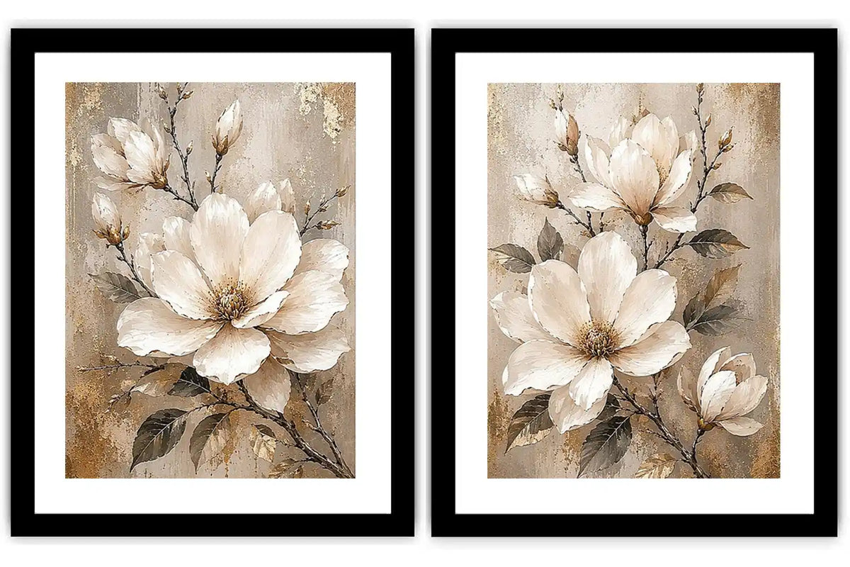 Neutral magnolia diptych canvas art for modern bedroom and living room decor