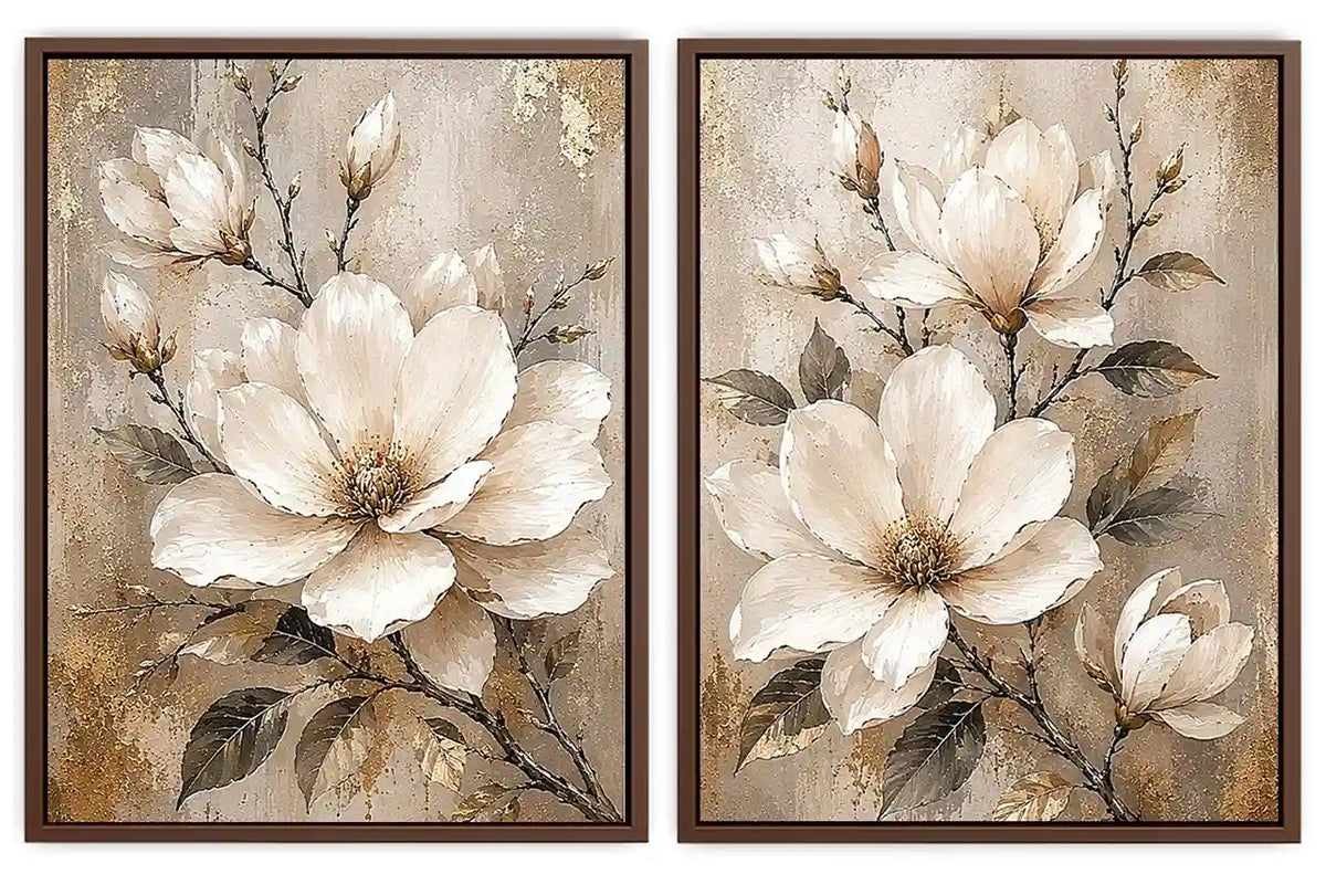 Neutral magnolia diptych canvas art for modern bedroom and living room decor