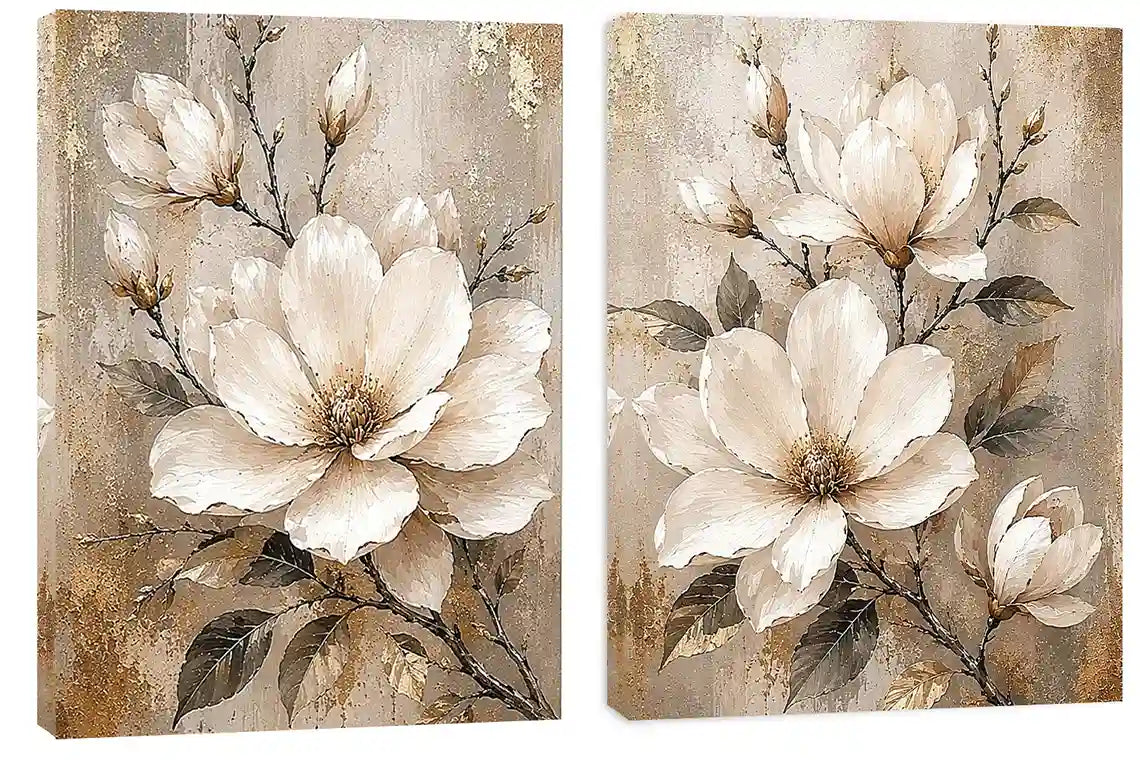 Neutral magnolia diptych canvas art for modern bedroom and living room decor