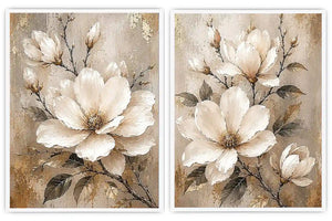 Neutral magnolia diptych canvas art for modern bedroom and living room decor
