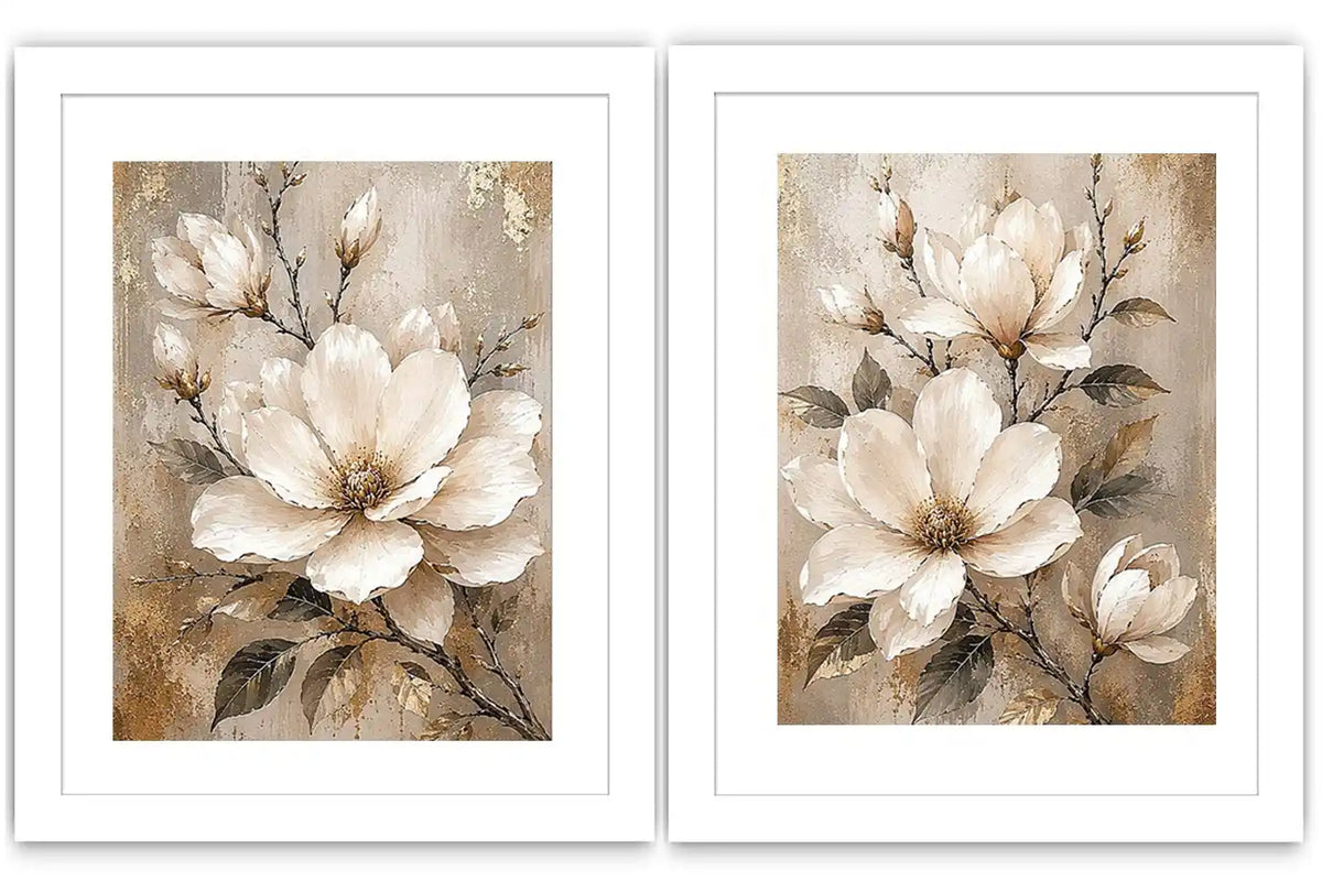 Neutral magnolia diptych canvas art for modern bedroom and living room decor